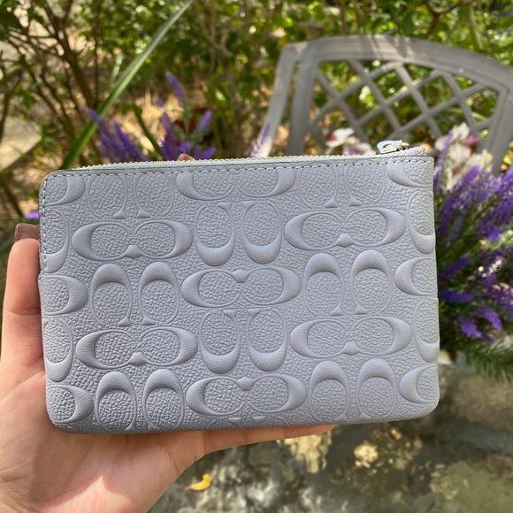 Coach Light Blue Embossed Logo Zippered Wristlet - Picture 13 of 16